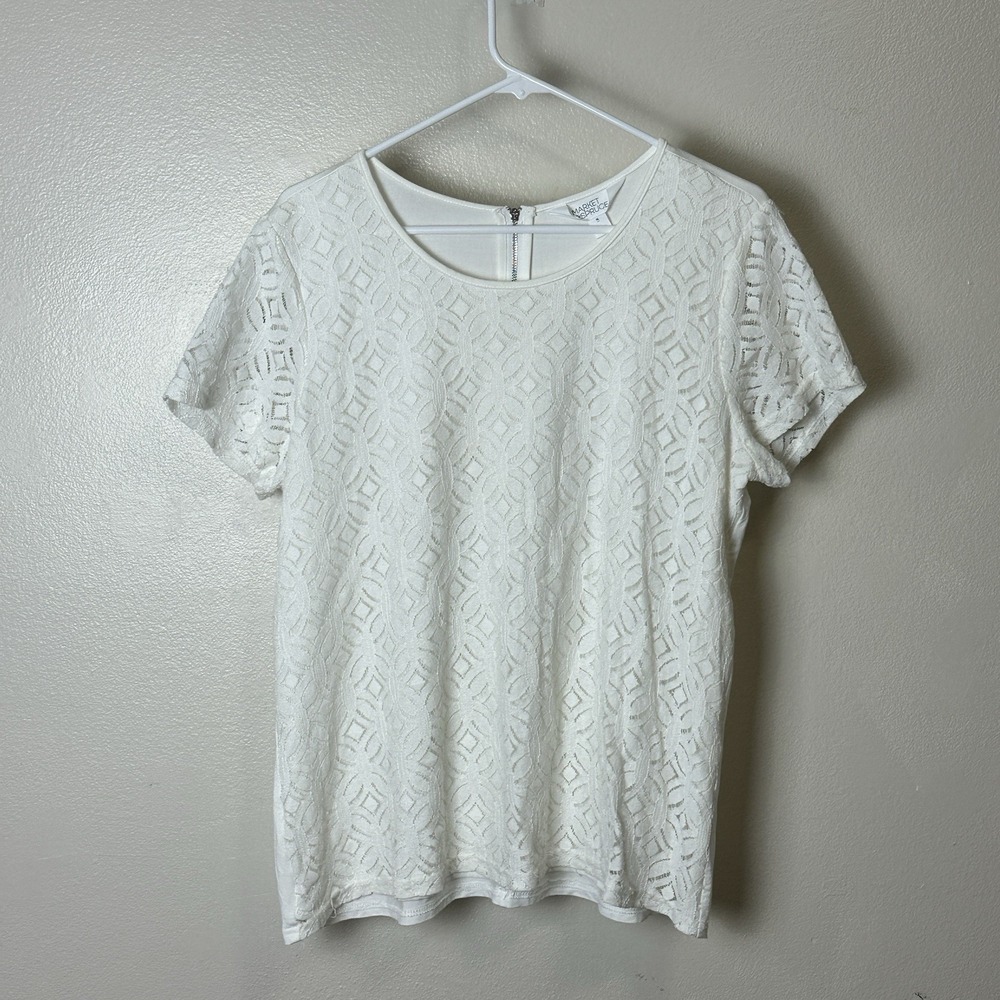 Market & Spruce Ivory Lace Blouse Pullover Lined Short Sleeve Women's‎ XL